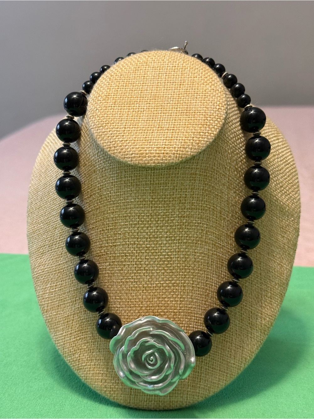 Black Beaded Necklace with Large Ceramic Rose Pendant - Women Jewelry